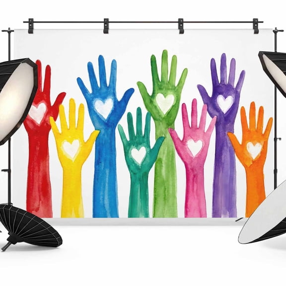 7x5ft Photo Backdrop, Colorful Hands Print Soft Polyester Backdrop Curtains Photography Backdrops, Cartoon Cute Funny Love Heart White Brushed Background for Photoshoots Studio Video Portrait Parties