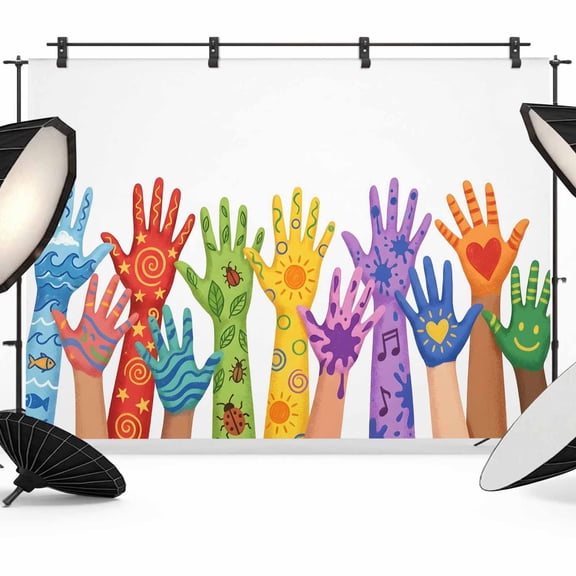 7x5ft Photo Backdrop, Colorful Hands Print Soft Polyester Backdrop Curtains Photography Backdrops, Cartoon Cute Funny White Brushed Background for Photoshoots Studio Video Portrait Parties