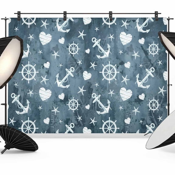 7x5ft Photo Backdrop, Cosatal Nautical Soft Polyester Backdrop Curtains Photography Backdrops, Summer Ocean Sea Anchor Starfish Blue Brushed Background for Photoshoots Studio Video Portrait Parties
