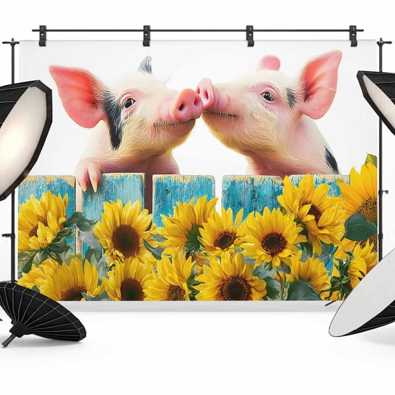 7x5ft Photo Backdrop, Country Farmhouse Soft Polyester Backdrop Curtains Photography Backdrops, Vintage Farm Pigs Sunflowers Fence Blue Brushed Background for Photoshoots Studio Video Portrait Party