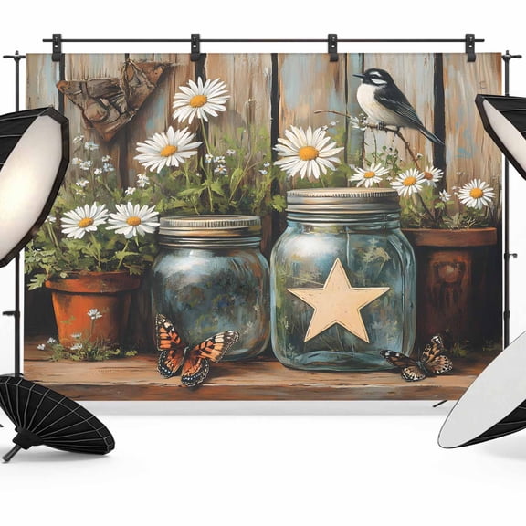 7x5ft Photo Backdrop, Country Floral Soft Polyester Backdrop Curtains Photography Backdrops, Western Texas Stars Butterfly Barn Door Brushed Background for Photoshoots Studio Video Portrait Parties