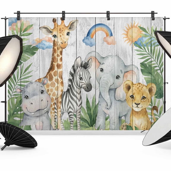 7x5ft Photo Backdrop, Cute Animals Soft Polyester Backdrop Curtains Photography Backdrops, Cartoon Summer Botanical Palm Leaves Brushed Background for Photoshoots Studio Video Portrait Parties