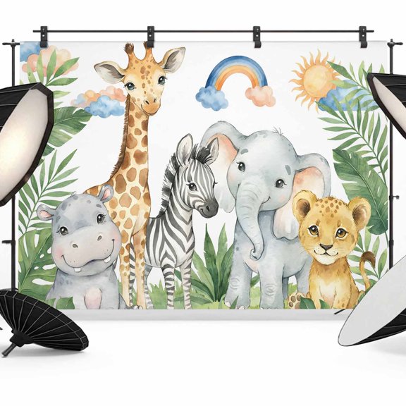 7x5ft Photo Backdrop, Cute Animals Soft Polyester Backdrop Curtains Photography Backdrops, Funny Summer Botanical Palm Leaves Brushed Background for Photoshoots Studio Video Portrait Parties