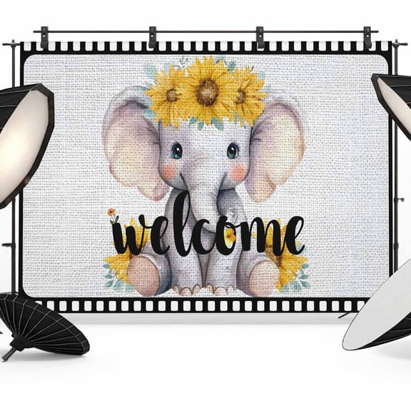 7x5ft Photo Backdrop, Cute Elephant Soft Polyester Backdrop Curtains Photography Backdrops, Funny Sunflowers Animal Welcome Sign Linen Brushed Background for Photoshoots Studio Video Portrait Parties