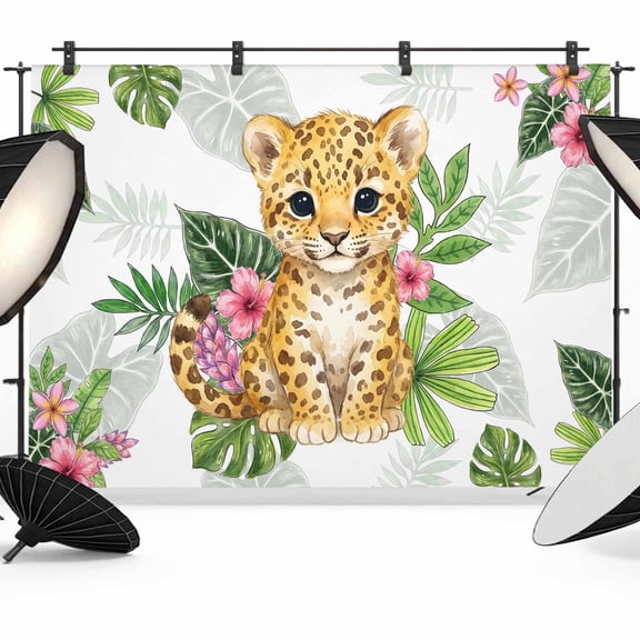 7x5ft Photo Backdrop, Cute Leopard Soft Polyester Backdrop Curtains Photography Backdrops, Summer Tropical Animals Monstera Deliciosa Brushed Background for Photoshoots Studio Video Portrait Parties