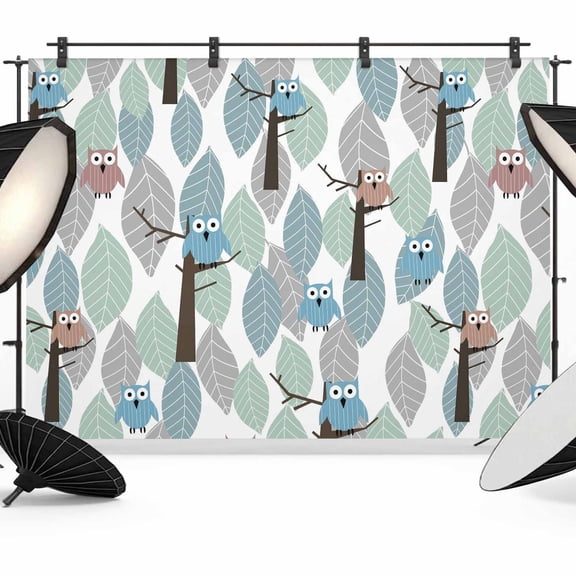 7x5ft Photo Backdrop, Cute Owl Soft Polyester Backdrop Curtains Photography Backdrops, Funny Cartoon Animal Colorful Leaves Trees Brushed Background for Photoshoots Studio Video Portrait Parties