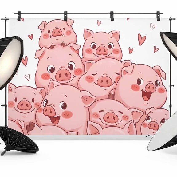 7x5ft Photo Backdrop, Cute Pigs Soft Polyester Backdrop Curtains Photography Backdrops, Cartoon Animals Love Heart Brushed Background for Photoshoots Studio Video Portrait Parties