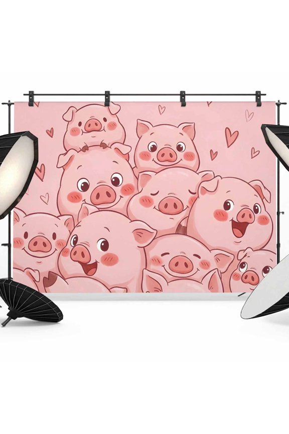 7x5ft Photo Backdrop, Cute Pink Pigs Soft Polyester Backdrop Curtains Photography Backdrops, Animals Cartoon Love Heart Brushed Background for Photoshoots Studio Video Portrait Parties