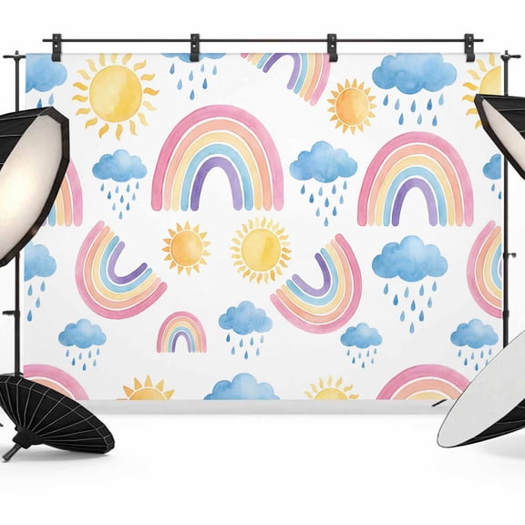 7x5ft Photo Backdrop, Cute Rainbow Sun Soft Polyester Backdrop Curtains Photography Backdrops, Rainy Simple Drawing Brushed Background for Photoshoots Studio Video Portrait Parties
