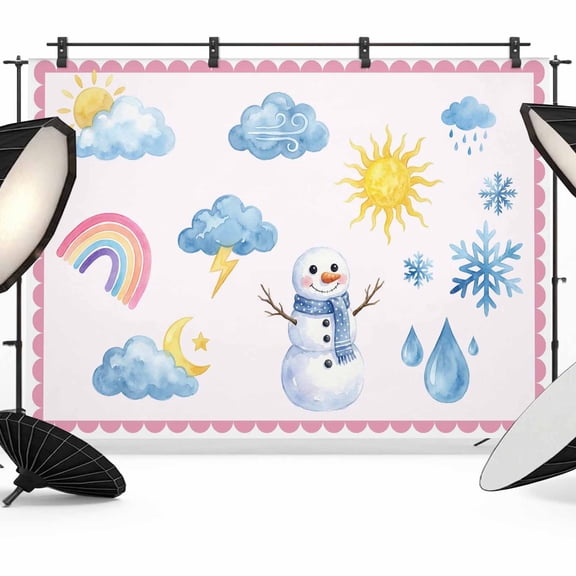 7x5ft Photo Backdrop, Cute Snowman Soft Polyester Backdrop Curtains Photography Backdrops, Pink Weather Snowy Rainy Sun Rainbow Brushed Background for Photoshoots Studio Video Portrait Parties