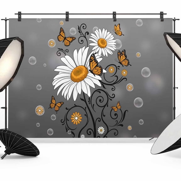 7x5ft Photo Backdrop, Daisy Butterfly Soft Polyester Backdrop Curtains Photography Backdrops, Spring Floral Butterflies Grey Modern Art Brushed Background for Photoshoots Studio Video Portrait Party