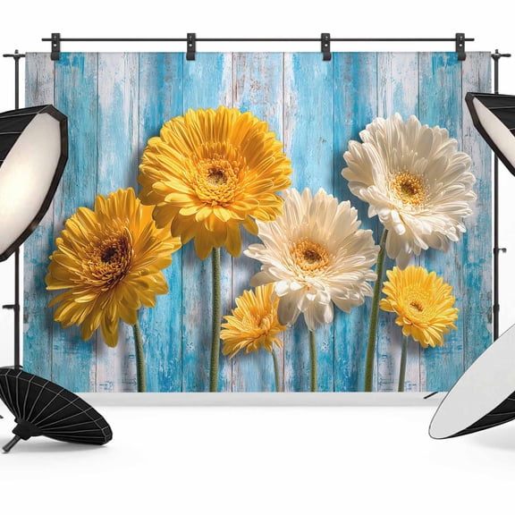 7x5ft Photo Backdrop, Daisy Flower Soft Polyester Backdrop Curtains Photography Backdrops, Yellow Gray Floral Minimalist Blue Wood Brushed Background for Photoshoots Studio Video Portrait Parties