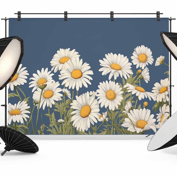 7x5ft Photo Backdrop, Daisy Soft Polyester Backdrop Curtains Photography Backdrops, Spring Floral Summer Botanical Elegant Navy Blue Brushed Background for Photoshoots Studio Video Portrait Parties