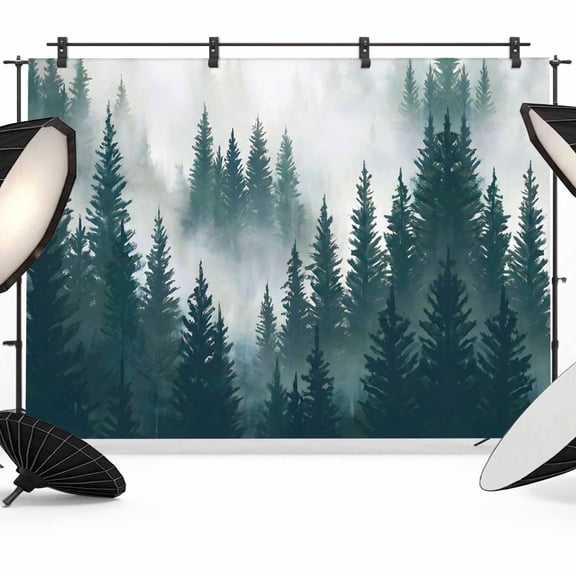 7x5ft Photo Backdrop, Dark Green Pine Forest Soft Polyester Backdrop Curtains Photography Backdrops, Misty Tree Clouds Nature Brushed Background for Photoshoots Studio Video Portrait Parties