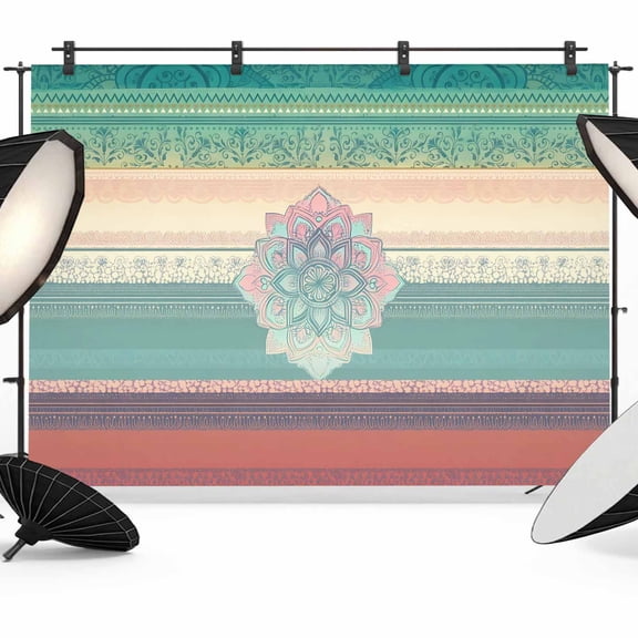 7x5ft Photo Backdrop, Ethnic Boho Floral Soft Polyester Backdrop Curtains Photography Backdrops, Turquoise Pink Gradient Stripes Brushed Background for Photoshoots Studio Video Portrait Parties