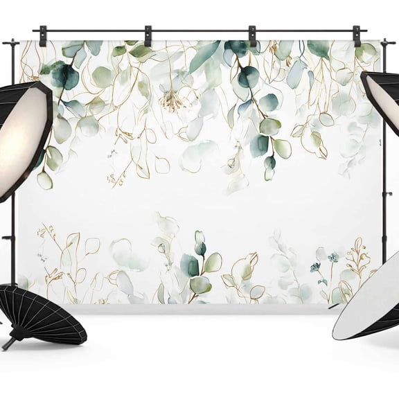 7x5ft Photo Backdrop, Eucalyptus Leaves Soft Polyester Backdrop Curtains Photography Backdrops, Watercolor Sage Green Golden Floral Brushed Background for Photoshoots Studio Video Portrait Parties