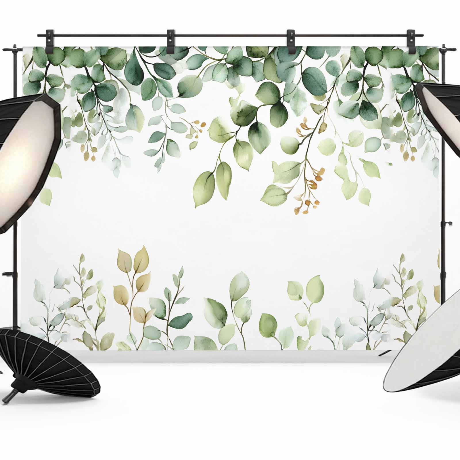 7x5ft Photo Backdrop, Eucalyptus Soft Polyester Backdrop Curtains Photography Backdrops, Sage Green Brown Leaf Boho Minimalist White Brushed Background for Photoshoots Studio Video Portrait Parties