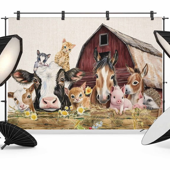7x5ft Photo Backdrop, Farm Cow Pig Soft Polyester Backdrop Curtains Photography Backdrops, Farmhouse Animals Retro Fench Wood Bran Brushed Background for Photoshoots Studio Video Portrait Parties