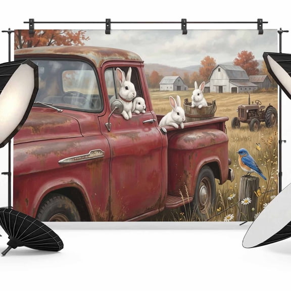 7x5ft Photo Backdrop, Farm Rabbit Soft Polyester Backdrop Curtains Photography Backdrops, Farmhouse Pastoral Truck Bunny Trees Barn Brushed Background for Photoshoots Studio Video Portrait Parties