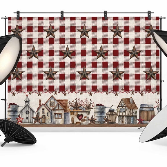 7x5ft Photo Backdrop, Farm Red Soft Polyester Backdrop Curtains Photography Backdrops, Brown Western Texas Star Red Plaid Country Brushed Background for Photoshoots Studio Video Portrait Parties