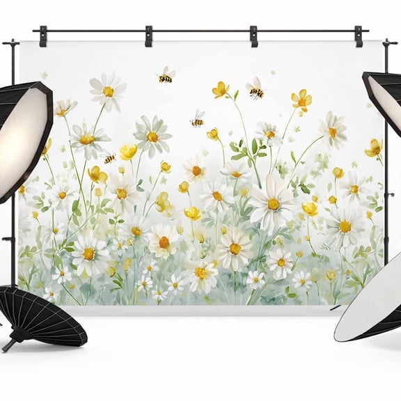 7x5ft Photo Backdrop, Farmhouse Chrysanthemums Soft Polyester Backdrop Curtains Photography Backdrops, Wildflowers Watercolor Floral Bees Brushed Background for Photoshoots Studio Video Portrait