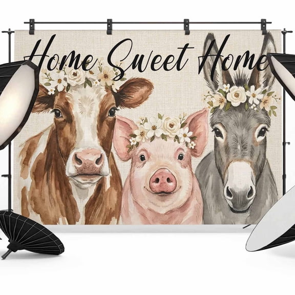 7x5ft Photo Backdrop, Farmhouse Pig Cattle Donkey Soft Polyester Backdrop Curtains Photography Backdrops, Spring Flowers Rustic Animals Brushed Background for Photoshoots Studio Video Portrait Party