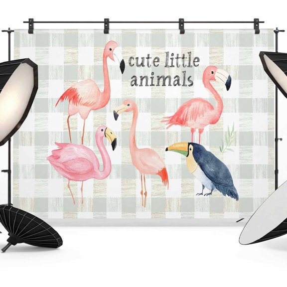 7x5ft Photo Backdrop, Flamingo Soft Polyester Backdrop Curtains Photography Backdrops, Summer Animals Botanical Plaid Brushed Background for Photoshoots Studio Video Portrait Parties