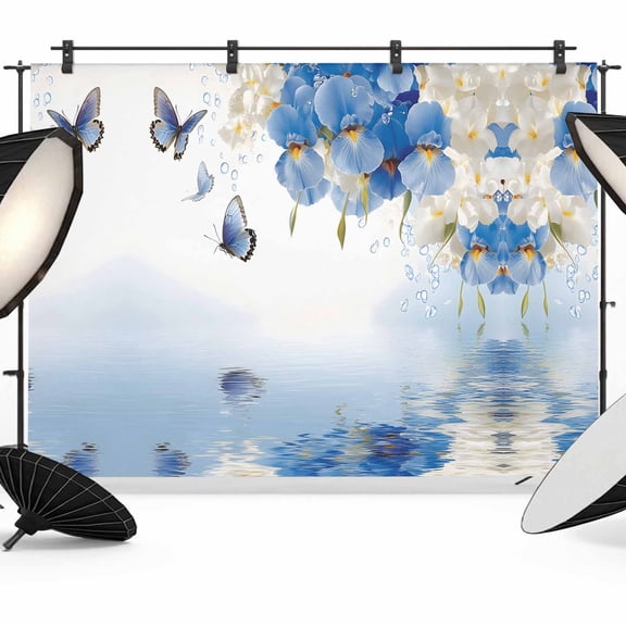 7x5ft Photo Backdrop, Flower Butterfly Blue Soft Polyester Backdrop Curtains Photography Backdrops, Spring Botanical Watercolor Floral Leaf Brushed Background for Photoshoots Studio Portrait Parties