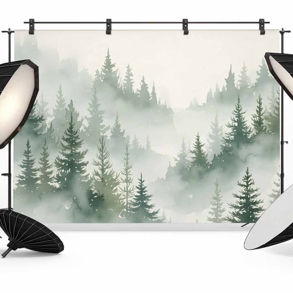 7x5ft Photo Backdrop, Foggy Forest Green Soft Polyester Backdrop Curtains Photography Backdrops, Watercolor Trees Vintage Brushed Background for Photoshoots Studio Video Portrait Parties