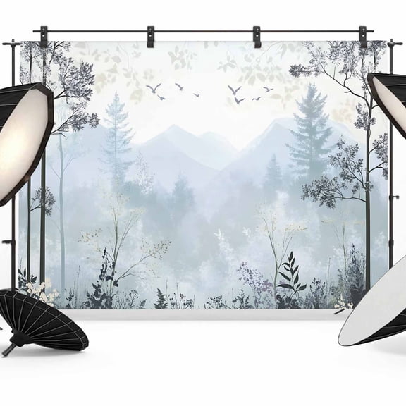 7x5ft Photo Backdrop, Foggy Forest Soft Polyester Backdrop Curtains Photography Backdrops, Vintage Mountain Botanical Brushed Background for Photoshoots Studio Video Portrait Parties
