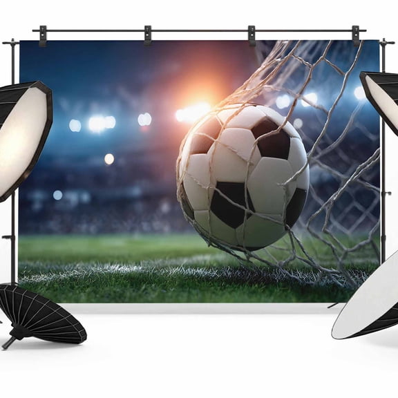 7x5ft Photo Backdrop, Football Soft Polyester Backdrop Curtains Photography Backdrops, Goal Net Soccer Sports Orange Blue Green Brushed Background for Photoshoots Studio Video Portrait Parties