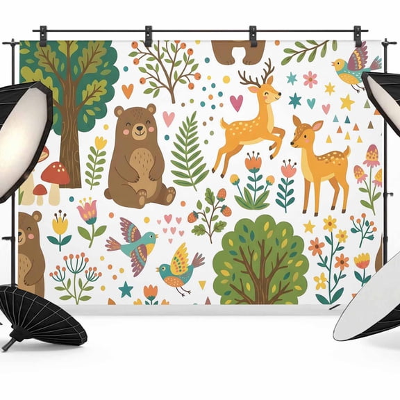 7x5ft Photo Backdrop, Forest Animals Soft Polyester Backdrop Curtains Photography Backdrops, Cartoon Cute Sika Deer Bears Botanical Brushed Background for Photoshoots Studio Video Portrait Parties
