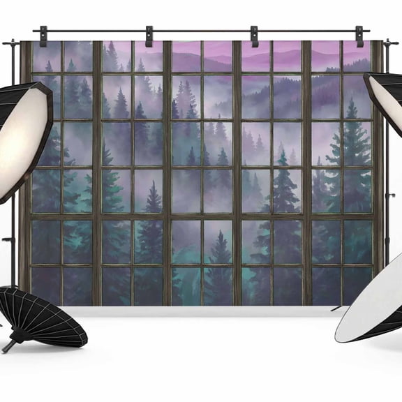 7x5ft Photo Backdrop, Forest Misty Purple Soft Polyester Backdrop Curtains Photography Backdrops, Vintage Window Plaid Brushed Background for Photoshoots Studio Video Portrait Parties