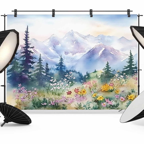 7x5ft Photo Backdrop, Forest Mountains Soft Polyester Backdrop Curtains Photography Backdrops, Watercolor Natural Flower Tree Brushed Background for Photoshoots Studio Video Portrait Parties