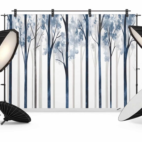 7x5ft Photo Backdrop, Forest Tree Soft Polyester Backdrop Curtains Photography Backdrops, Blue Watercolor Silhouette Nature Scenery Brushed Background for Photoshoots Studio Video Portrait Parties
