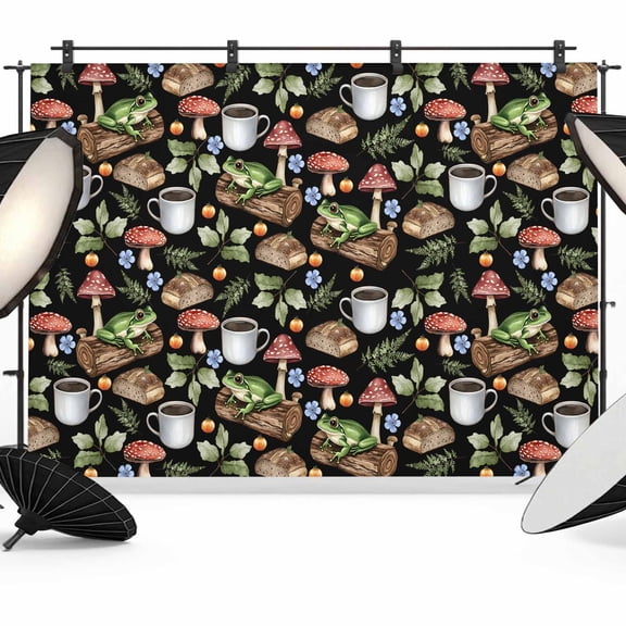 7x5ft Photo Backdrop, Frog Mushroom Soft Polyester Backdrop Curtains Photography Backdrops, Red Brown Coffee Plant Black Idyllic Brushed Background for Photoshoots Studio Video Portrait Parties