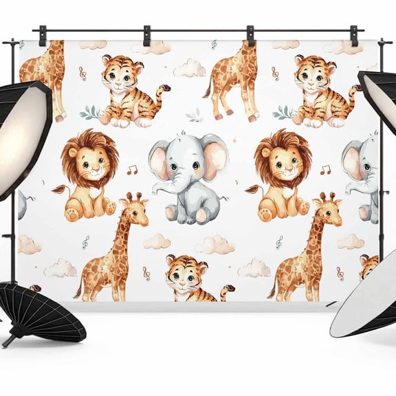 7x5ft Photo Backdrop, Funny Animals Soft Polyester Backdrop Curtains Photography Backdrops, Cartoon Lions Giraffes Elephant Forest Brushed Background for Photoshoots Studio Video Portrait Parties