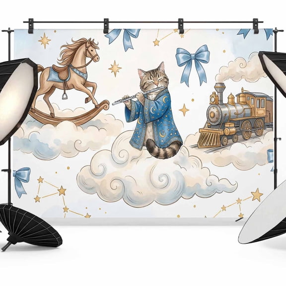 7x5ft Photo Backdrop, Funny Cartoon Soft Polyester Backdrop Curtains Photography Backdrops, Blue Cute Cat Train Cloud Star Bow Knot Brushed Background for Photoshoots Studio Video Portrait Parties