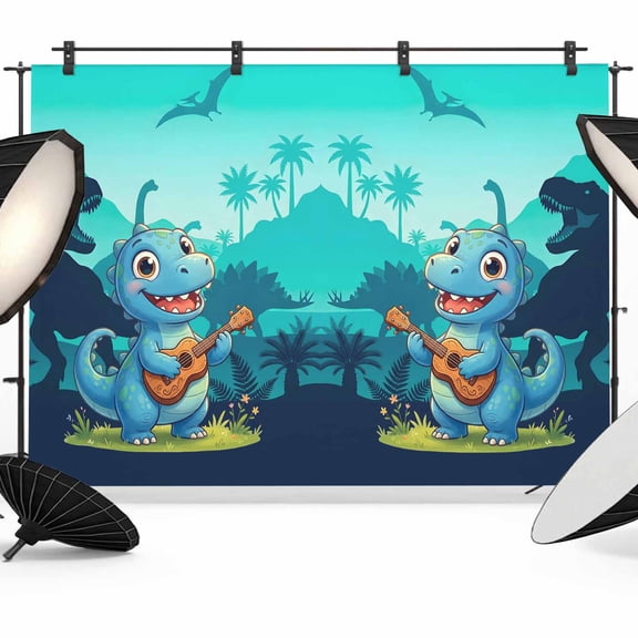 7x5ft Photo Backdrop, Funny Dinosaur Soft Polyester Backdrop Curtains Photography Backdrops, Playing Guitar Palm Tropical Fern Silhouette Brushed Background for Photoshoots Studio Video Portrait