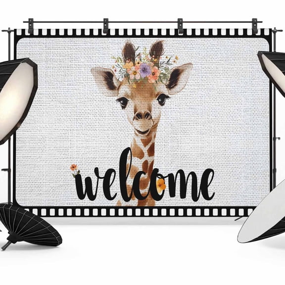 7x5ft Photo Backdrop, Funny Giraffe Soft Polyester Backdrop Curtains Photography Backdrops, Abstract Animal Wreath Welcome Black Gray Linen Brushed Background for Photoshoots Studio Video Portrait