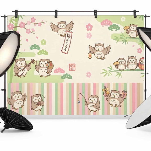 7x5ft Photo Backdrop, Funny Owls Soft Polyester Backdrop Curtains Photography Backdrops, Cute Animals Flowers Cartoon Brushed Background for Photoshoots Studio Video Portrait Parties