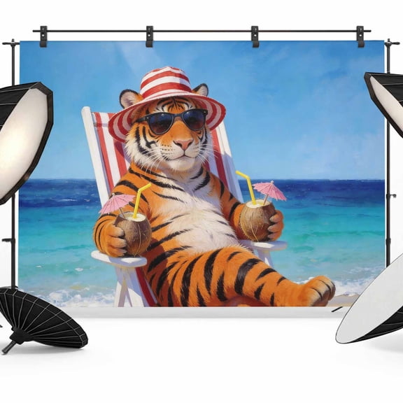 7x5ft Photo Backdrop, Funny Tiger Summer Beach Soft Polyester Backdrop Curtains Photography Backdrops, Blue Sand Vacations Brushed Background for Photoshoots Studio Video Portrait Parties