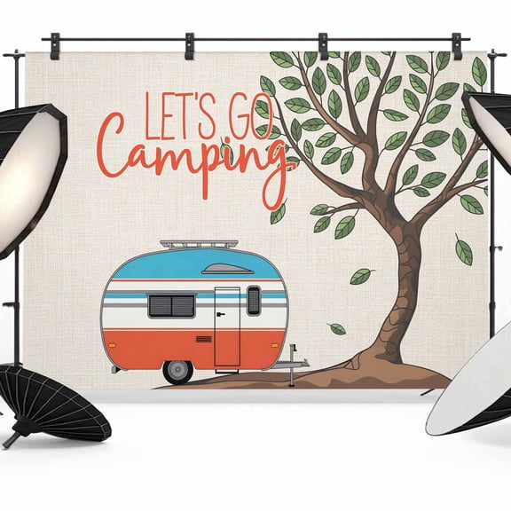 7x5ft Photo Backdrop, Let's Go Camping Soft Polyester Backdrop Curtains Photography Backdrops, Modern Camper Van Trees Burlap Rustic Brushed Background for Photoshoots Studio Video Portrait Parties