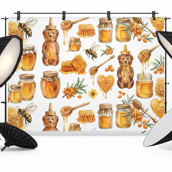 7x5ft Photo Backdrop, Golden-Yellow Honey Bears Soft Polyester Backdrop Curtains Photography Backdrops, Cartoon Bees Sweet Watercolor Brushed Background for Photoshoots Studio Video Portrait Parties