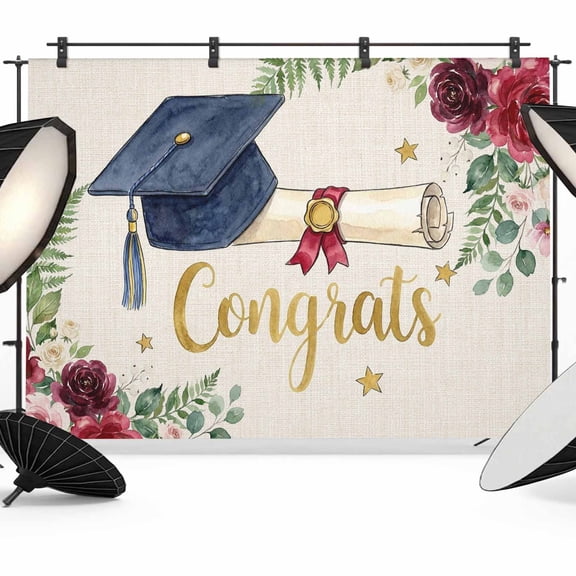 7x5ft Photo Backdrop, Graduation Soft Polyester Backdrop Curtains Photography Backdrops, Grad Watercolor Flowers Leaf on Linen Brushed Background for Photoshoots Studio Video Portrait Parties