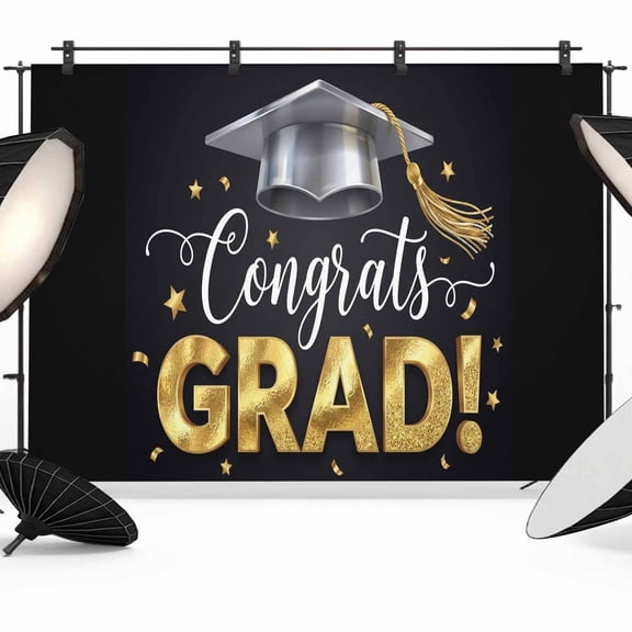 7x5ft Photo Backdrop, Graduation Soft Polyester Backdrop Curtains Photography Backdrops, School Grad Gold Stars Black Brushed Background for Photoshoots Studio Video Portrait Parties