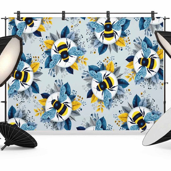 7x5ft Photo Backdrop, Gray Blue Bees Farmhouse Soft Polyester Backdrop Curtains Photography Backdrops, Spring Summer Botanical Flowers Brushed Background for Photoshoots Studio Video Portrait Parties