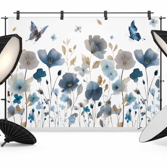 7x5ft Photo Backdrop, Gray Blue Flowers Soft Polyester Backdrop Curtains Photography Backdrops, Watercolor Floral Butterflies Spring Brushed Background for Photoshoots Studio Video Portrait Parties
