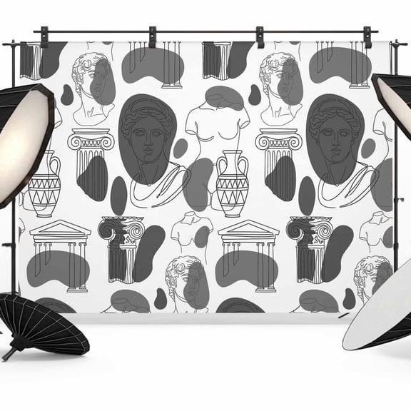 7x5ft Photo Backdrop, Greek Style Soft Polyester Backdrop Curtains Photography Backdrops, Vintage Abstract Landmarks Black Grey Brushed Background for Photoshoots Studio Video Portrait Parties