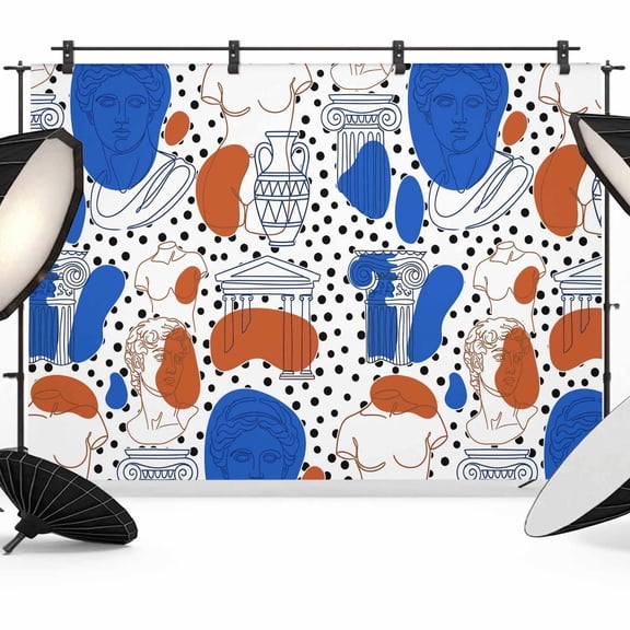 7x5ft Photo Backdrop, Greek Style Soft Polyester Backdrop Curtains Photography Backdrops, Vintage Abstract Landmarks Polka Dot Blue Brown Brushed Background for Photoshoots Studio Video Portrait